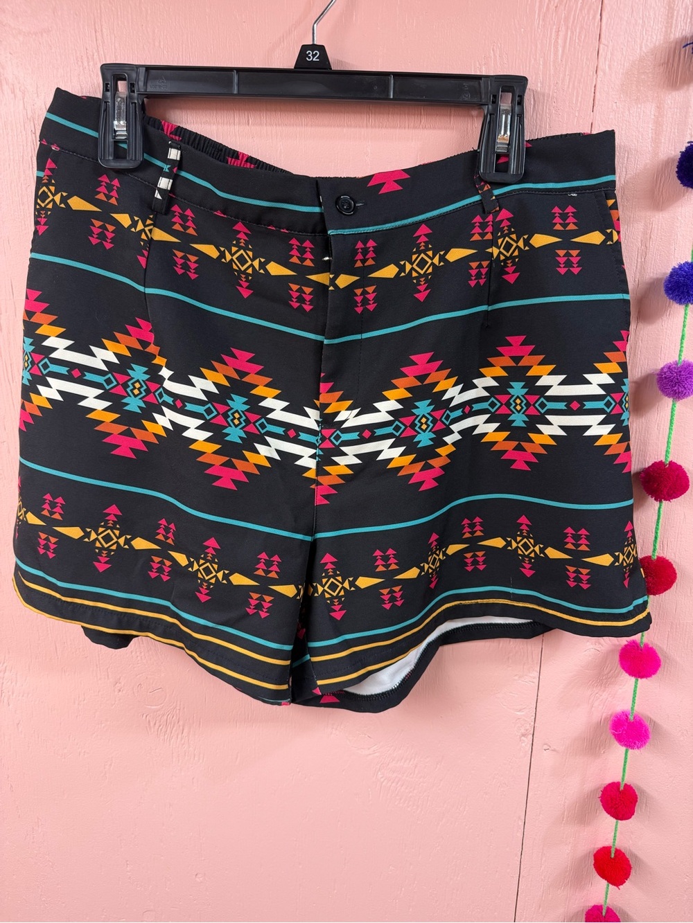 Black Aztec Print Athletic Shorts with Multicolor Pattern